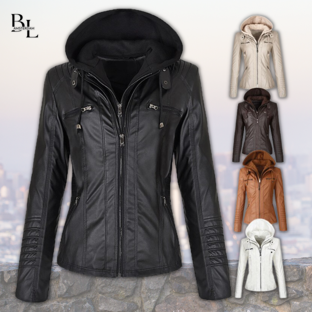 Xyla Veste Femme en Cuir – Élégante avec Capuche, Fermeture Zippée & Poches Pratiques