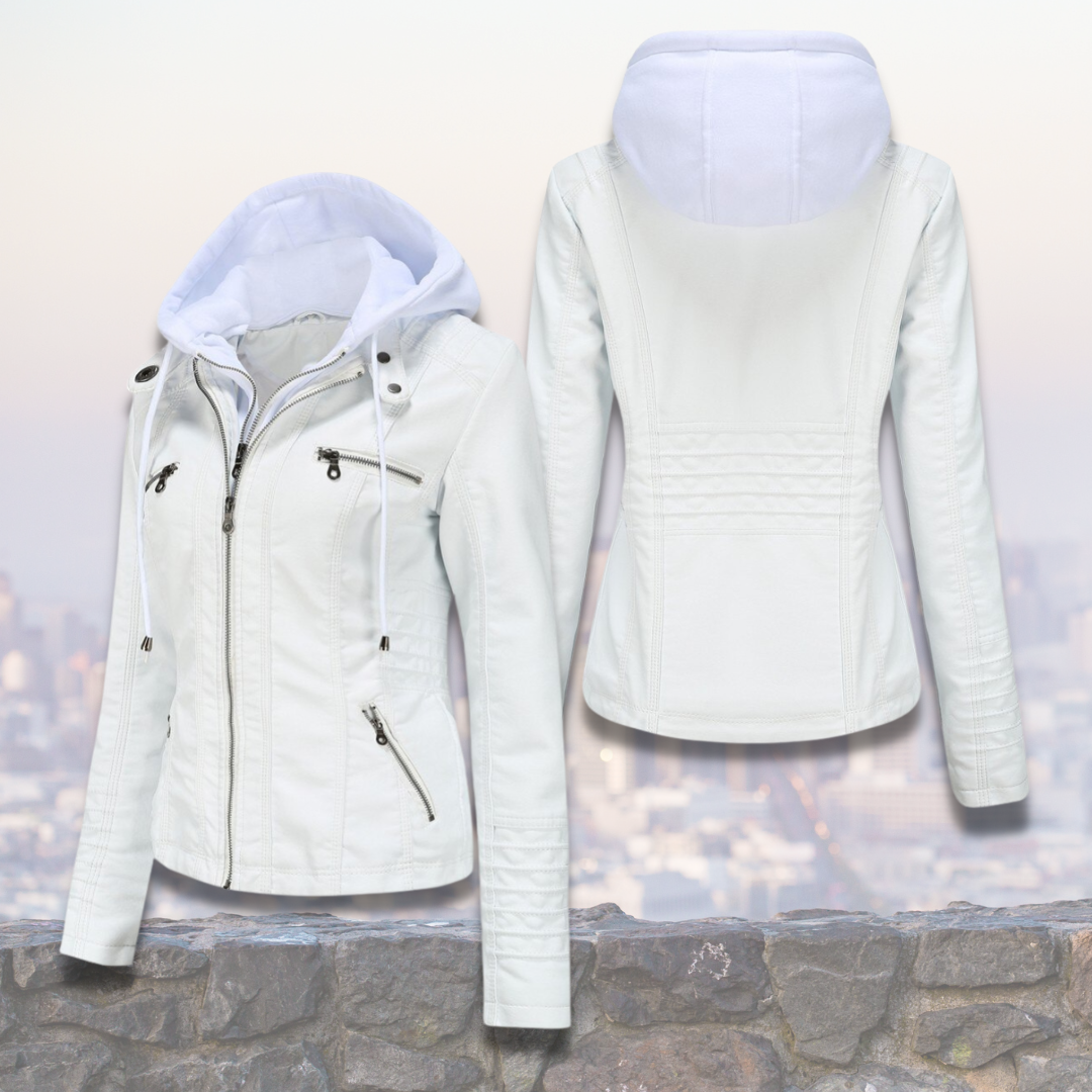 Xyla Veste Femme en Cuir – Élégante avec Capuche, Fermeture Zippée & Poches Pratiques