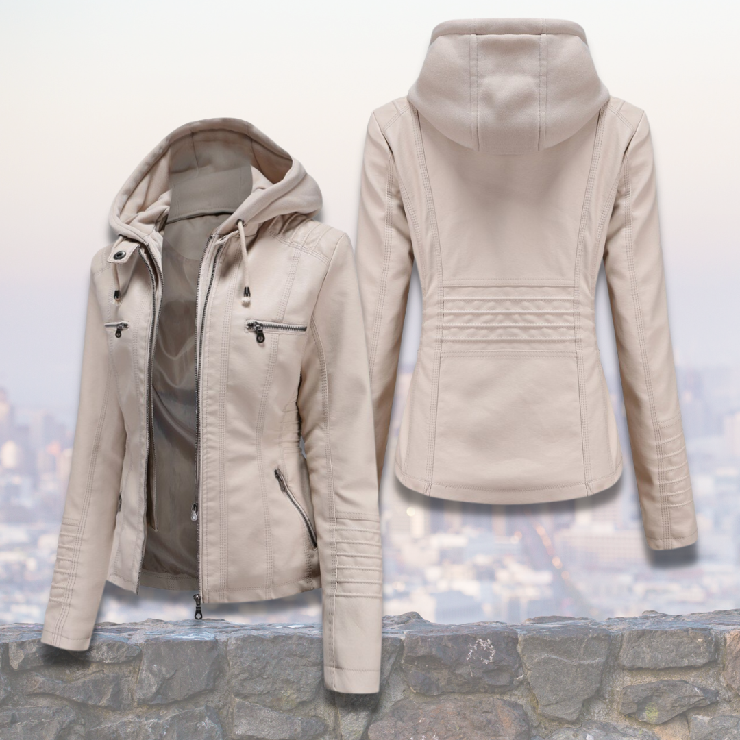 Xyla Veste Femme en Cuir – Élégante avec Capuche, Fermeture Zippée & Poches Pratiques