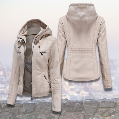 Xyla Veste Femme en Cuir – Élégante avec Capuche, Fermeture Zippée & Poches Pratiques