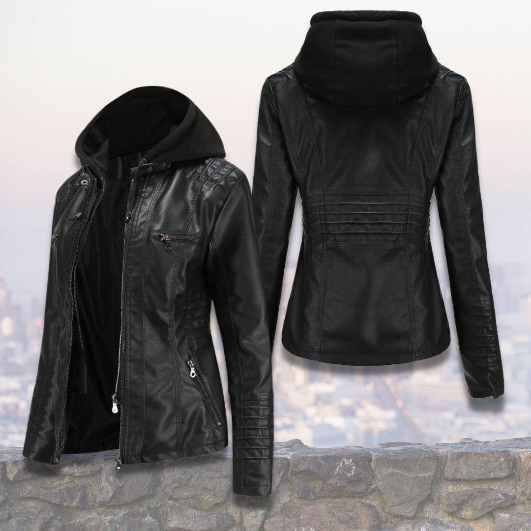 Xyla Veste Femme en Cuir – Élégante avec Capuche, Fermeture Zippée & Poches Pratiques