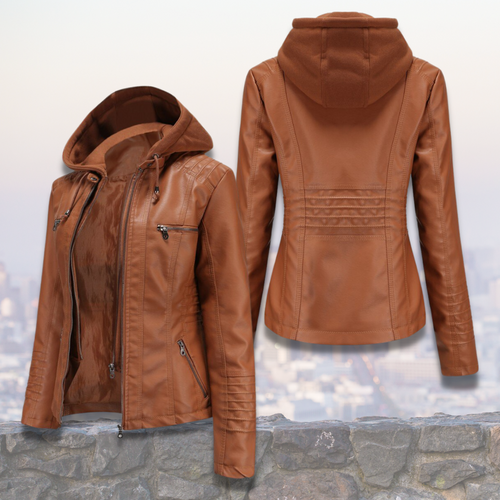 Xyla Veste Femme en Cuir – Élégante avec Capuche, Fermeture Zippée & Poches Pratiques