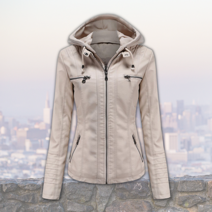 Xyla Veste Femme en Cuir – Élégante avec Capuche, Fermeture Zippée & Poches Pratiques