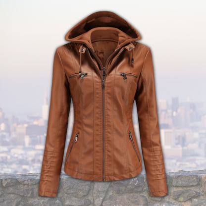 Xyla Veste Femme en Cuir – Élégante avec Capuche, Fermeture Zippée & Poches Pratiques