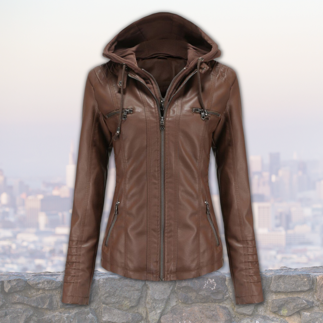 Xyla Veste Femme en Cuir – Élégante avec Capuche, Fermeture Zippée & Poches Pratiques