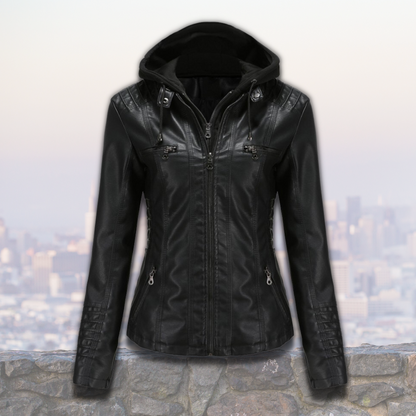 Xyla Veste Femme en Cuir – Élégante avec Capuche, Fermeture Zippée & Poches Pratiques