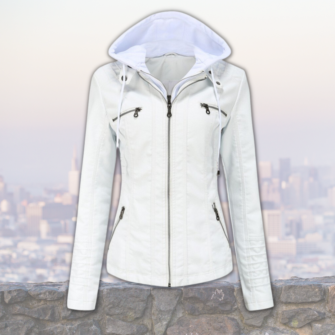 Xyla Veste Femme en Cuir – Élégante avec Capuche, Fermeture Zippée & Poches Pratiques