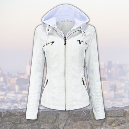 Xyla Veste Femme en Cuir – Élégante avec Capuche, Fermeture Zippée & Poches Pratiques