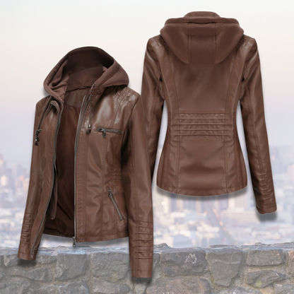 Xyla Veste Femme en Cuir – Élégante avec Capuche, Fermeture Zippée & Poches Pratiques