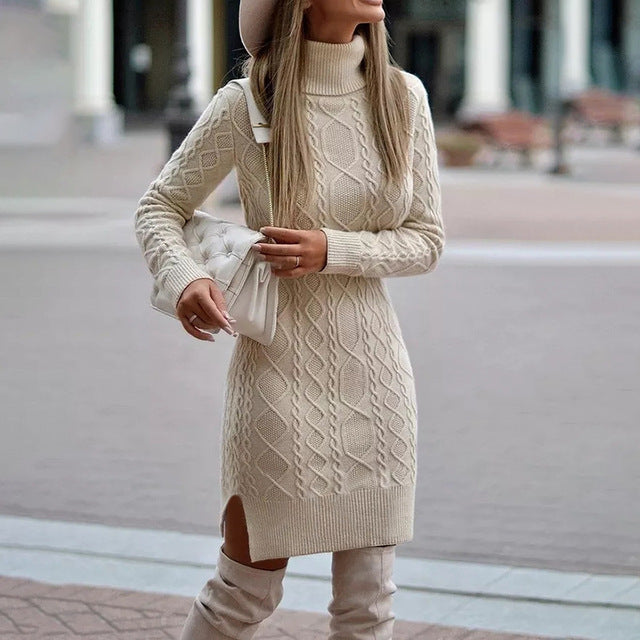 Camila Robe Pull Femme – Maille Torsadée Épaisse avec Col Roulé Élégant