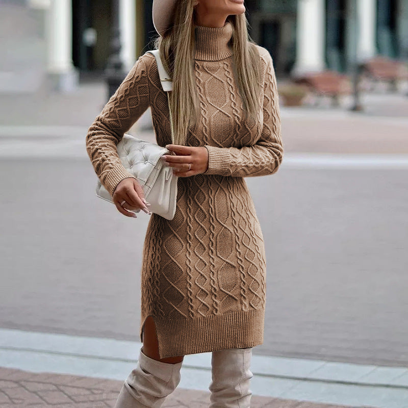Camila Robe Pull Femme – Maille Torsadée Épaisse avec Col Roulé Élégant