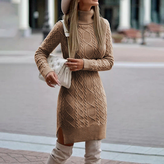 Camila Robe Pull Femme – Maille Torsadée Épaisse avec Col Roulé Élégant