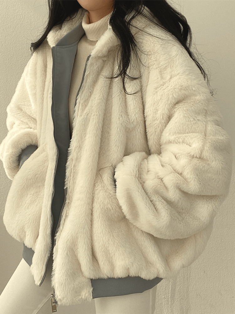 Daniela reversible teddy bomber jacket - beige front view