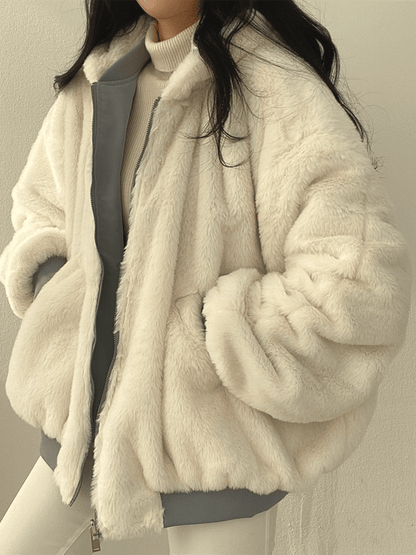 Daniela reversible teddy bomber jacket - beige front view