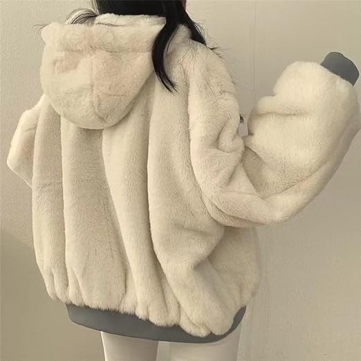 Women's soft teddy jacket with pockets - beige back view