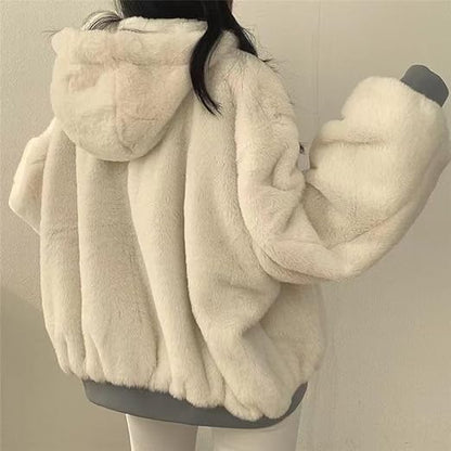 Women's soft teddy jacket with pockets - beige back view
