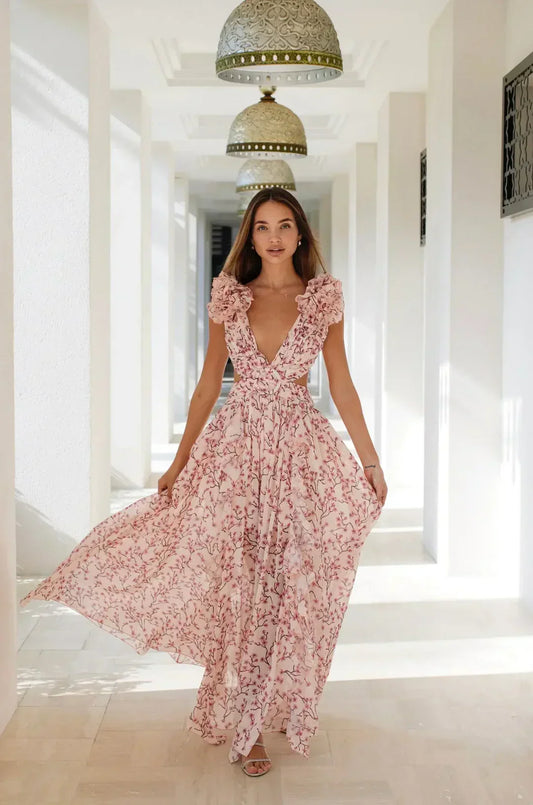 Bea Robe Maxi Femme – Imprimé Fleuri, Volants & Élégance Estivale Aérienne