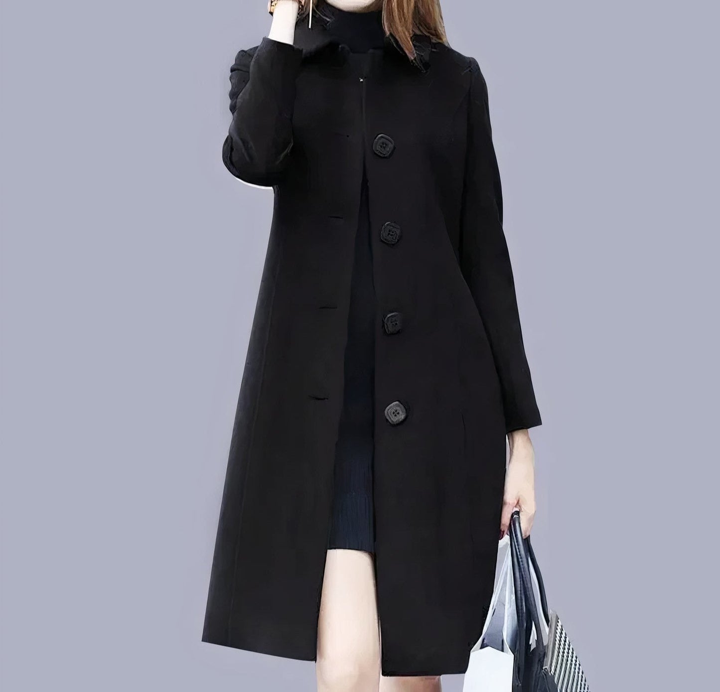 Analia Manteau Femme Élégant – Long Classique avec Col Chic, Boutons & Coupe Confortable