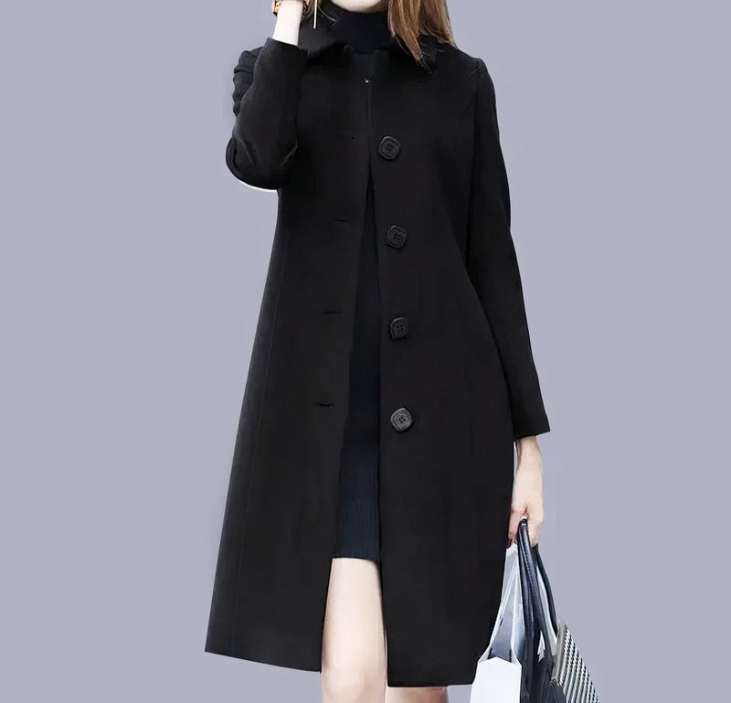 Analia Women's Elegant Coat – Classic Long with Chic Collar, Buttons & Comfortable Fit