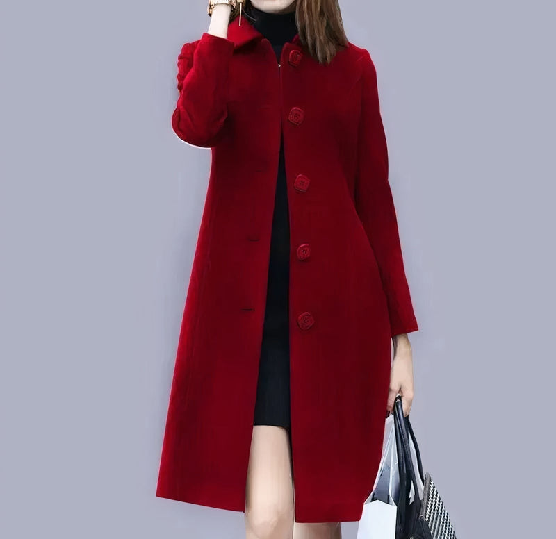 Analia Women's Elegant Coat – Classic Long with Chic Collar, Buttons & Comfortable Fit