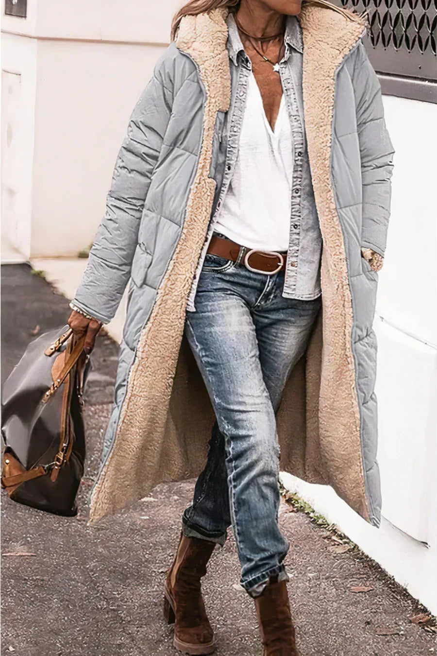 Camila Manteau Long Matelassé pour Femme – Capuche en fausse fourrure et fermeture zippée intégrale