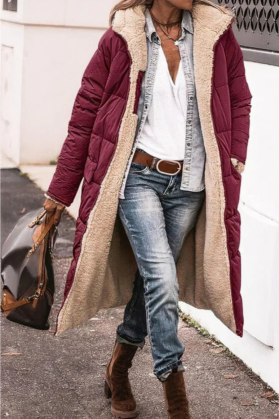 Camila Manteau Long Matelassé pour Femme – Capuche en fausse fourrure et fermeture zippée intégrale