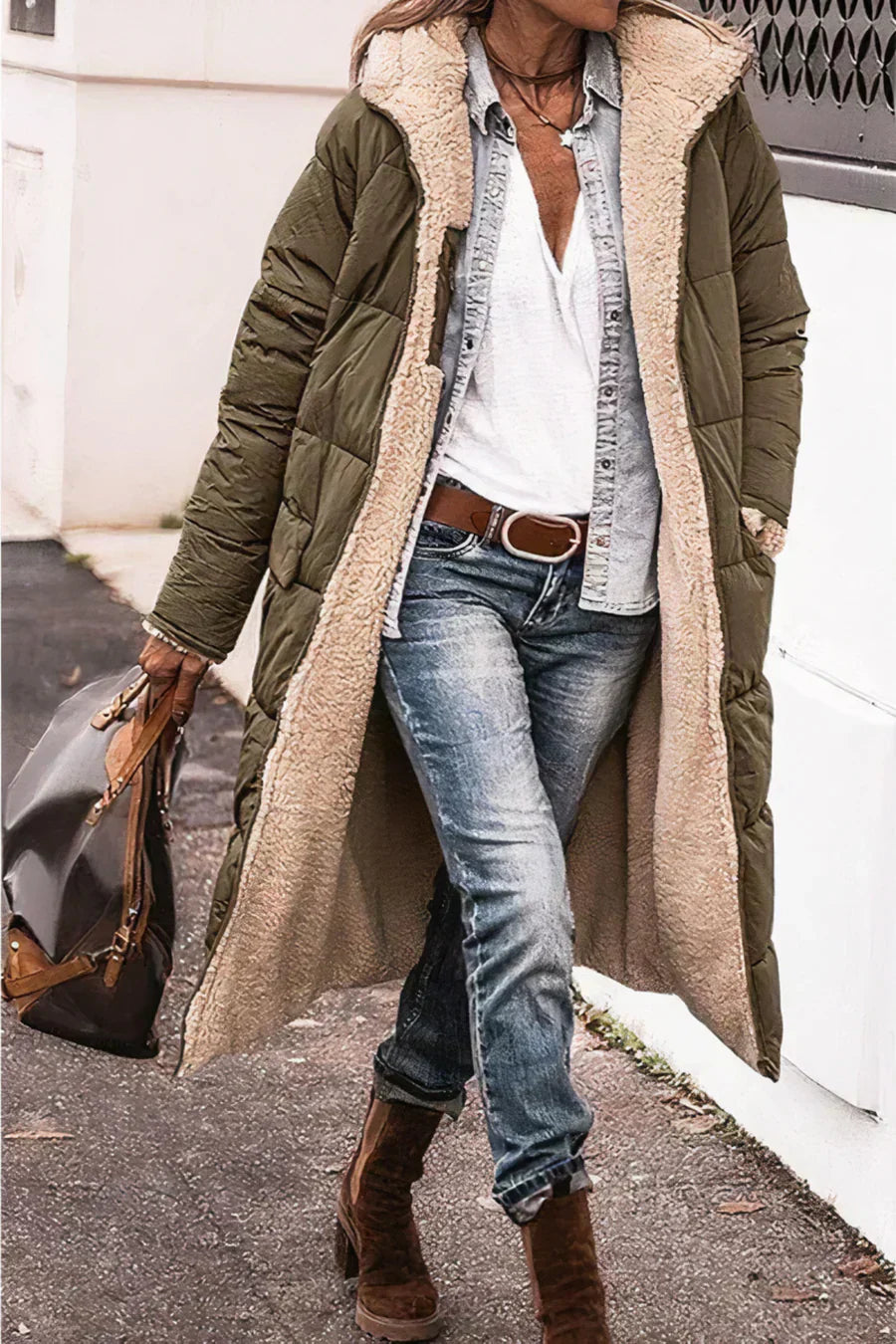Camila Manteau Long Matelassé pour Femme – Capuche en fausse fourrure et fermeture zippée intégrale