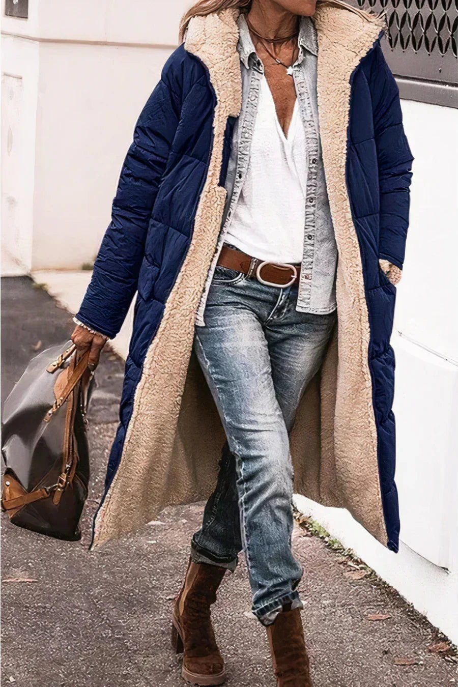 Camila Manteau Long Matelassé pour Femme – Capuche en fausse fourrure et fermeture zippée intégrale