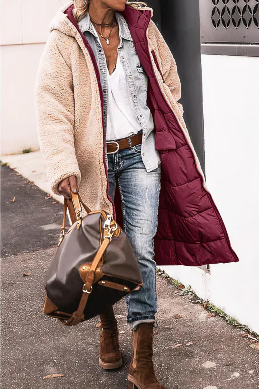 Camila Manteau Long Matelassé pour Femme – Capuche en fausse fourrure et fermeture zippée intégrale