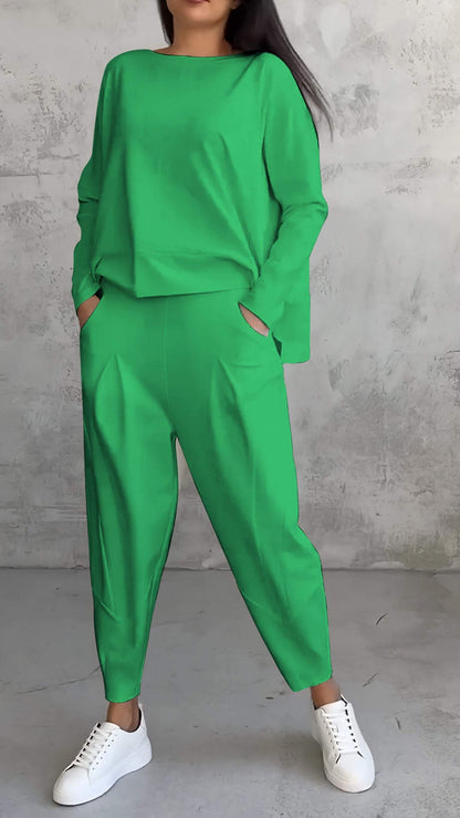 Modern two-piece women's outfit combining comfort with simple styling-green