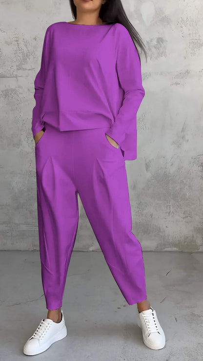 Modern two-piece women's outfit combining comfort with simple styling - purple