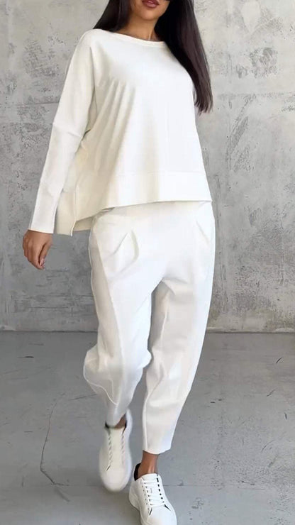 Soft spandex women's outfit featuring a classic round neckline