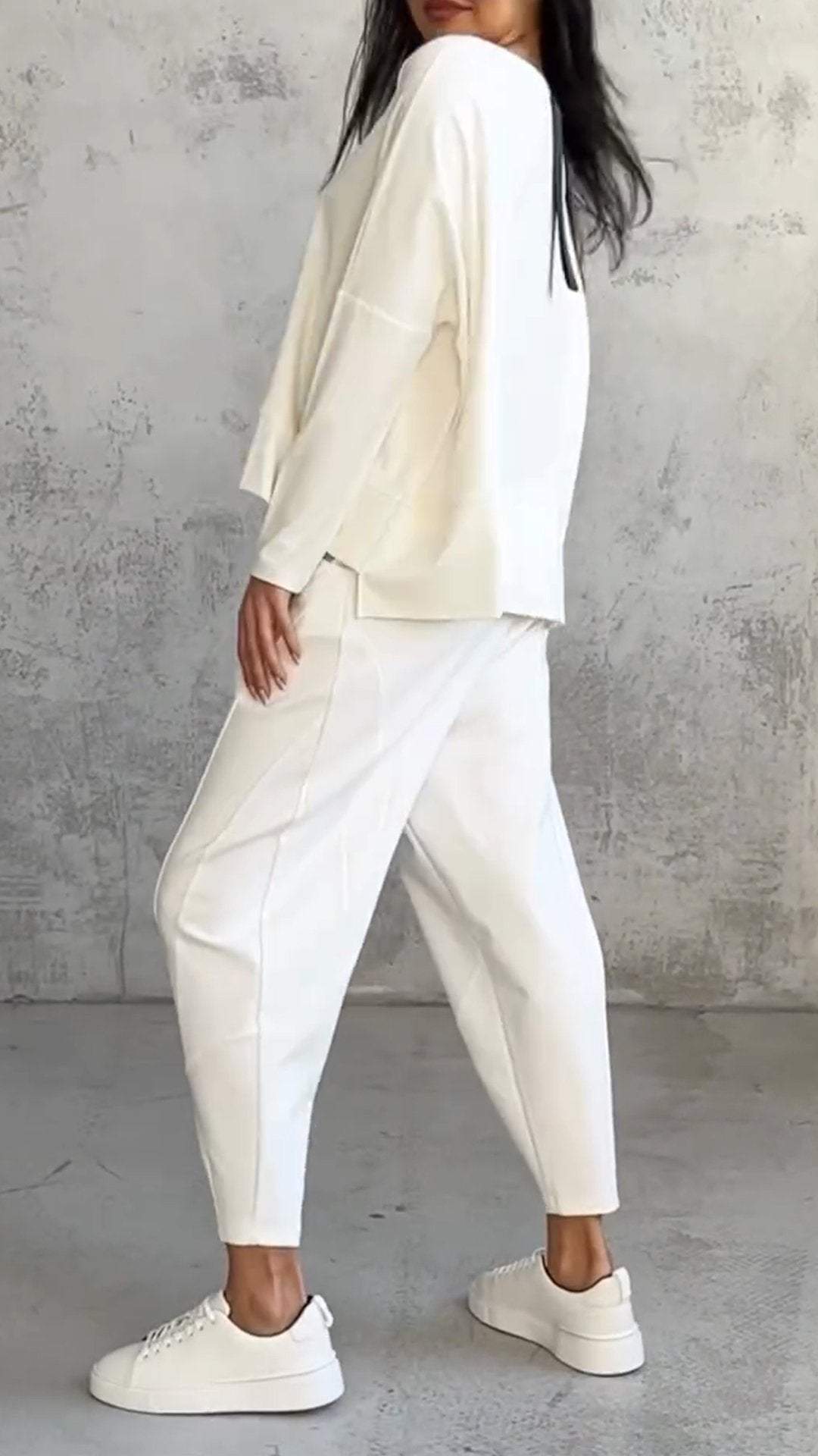 Soft spandex women's outfit featuring a classic round neckline - white side view