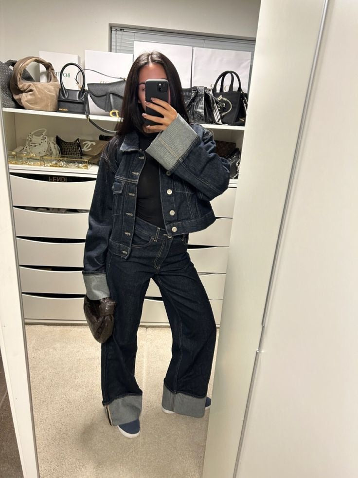 Bea Ensemble Denim Femme – Veste Courte & Jean Large à Revers Contrastés pour un Look Tendance