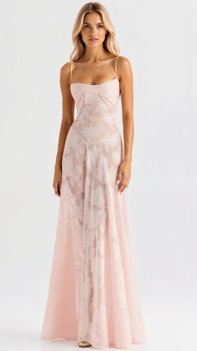 Naya Long Dress for Women – Fine Strap Dress with Floral Embroidery and Adjustable Lace Back