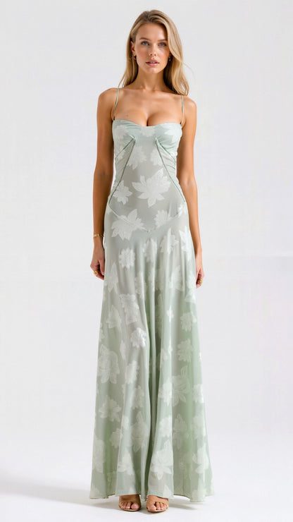 Naya Robe Longue Femme – Robe à Bretelles Fines avec Broderies Florales et Dos à Lacets Ajustable