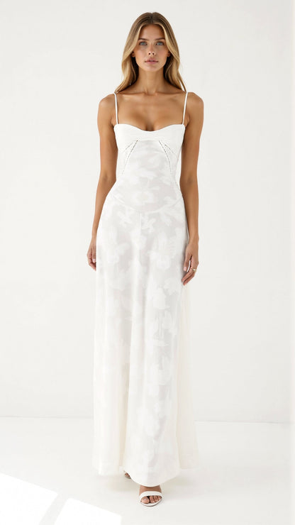 Naya Robe Longue Femme – Robe à Bretelles Fines avec Broderies Florales et Dos à Lacets Ajustable