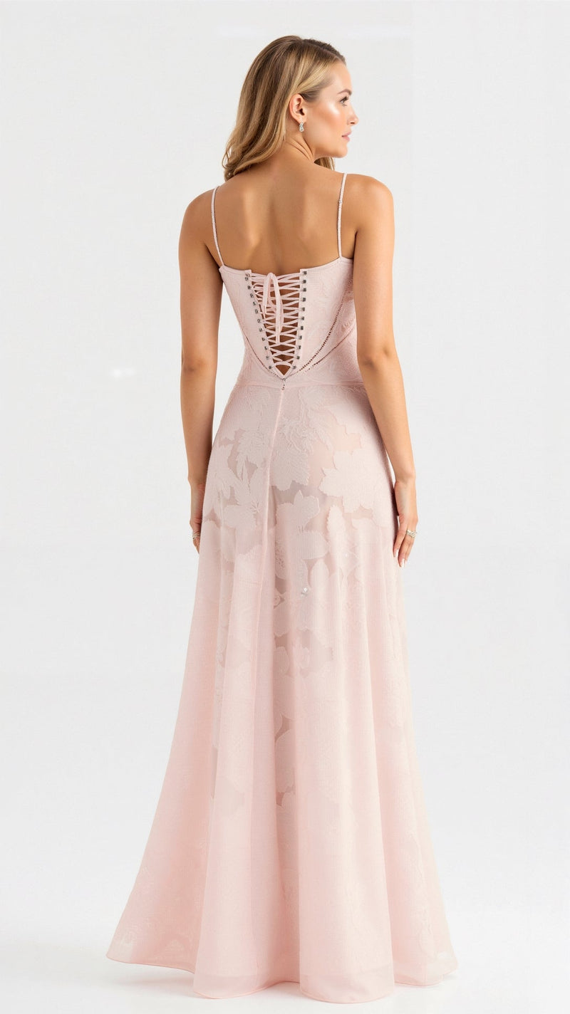 Naya Long Dress for Women – Fine Strap Dress with Floral Embroidery and Adjustable Lace Back