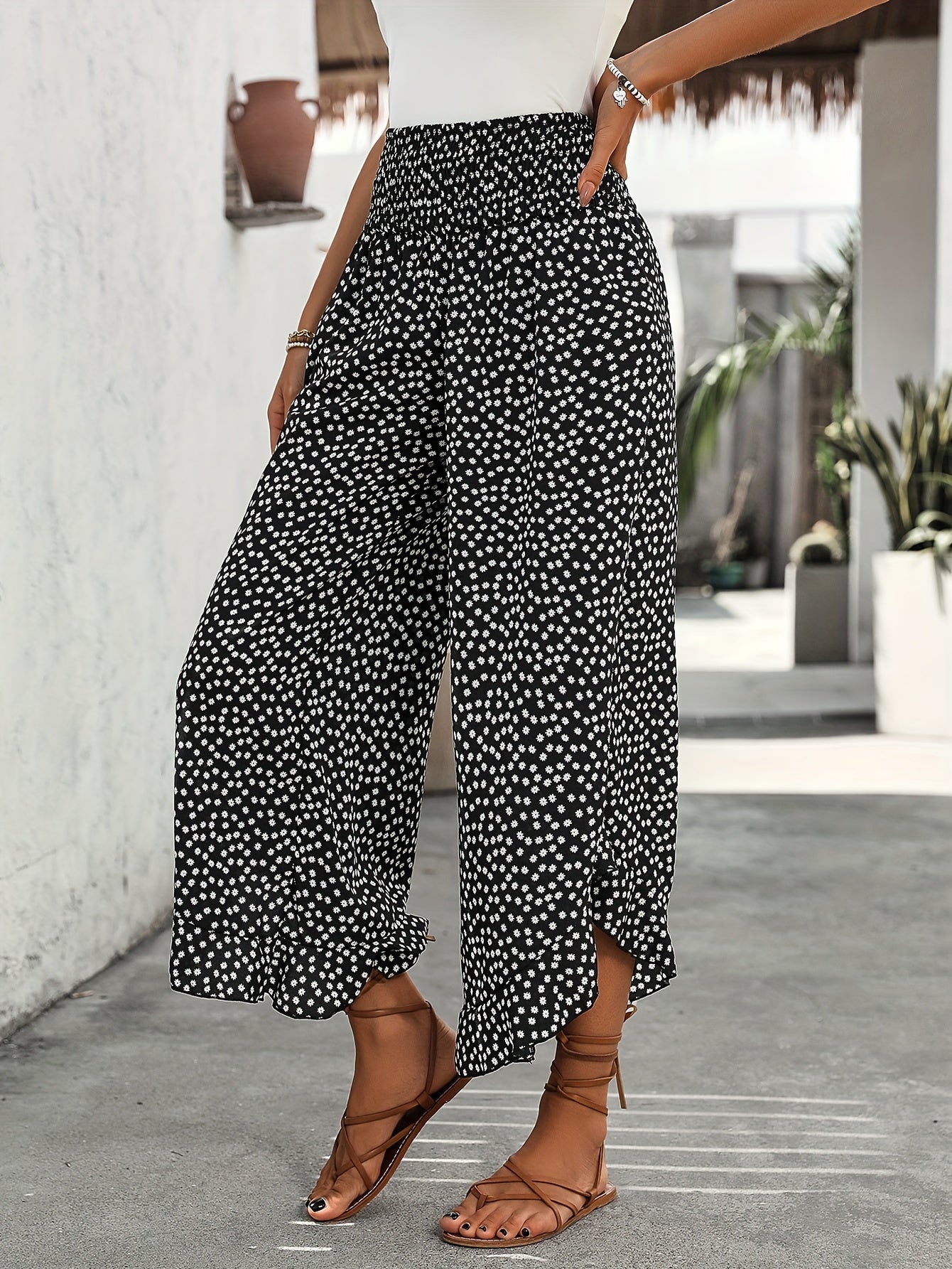 Floravia Pantalon Femme – Pantalon Taille Haute Fluide à Imprimé Floral Chic et Confortable
