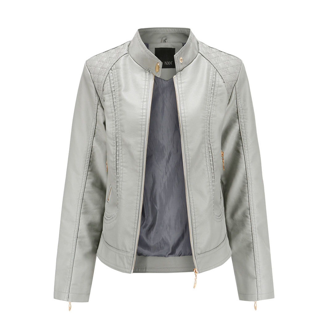 Janiyah Veste Femme en Cuir – Col Montant Chic, Fermetures Éclair & Style Moderne Élégant