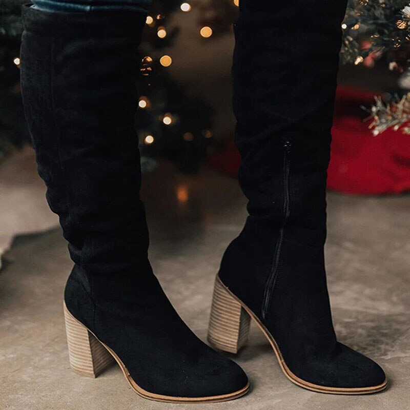 Zuri Bottes Hautes Suédées Femme – Cuissardes Élégantes à Talon Bloc & Doublure Confort