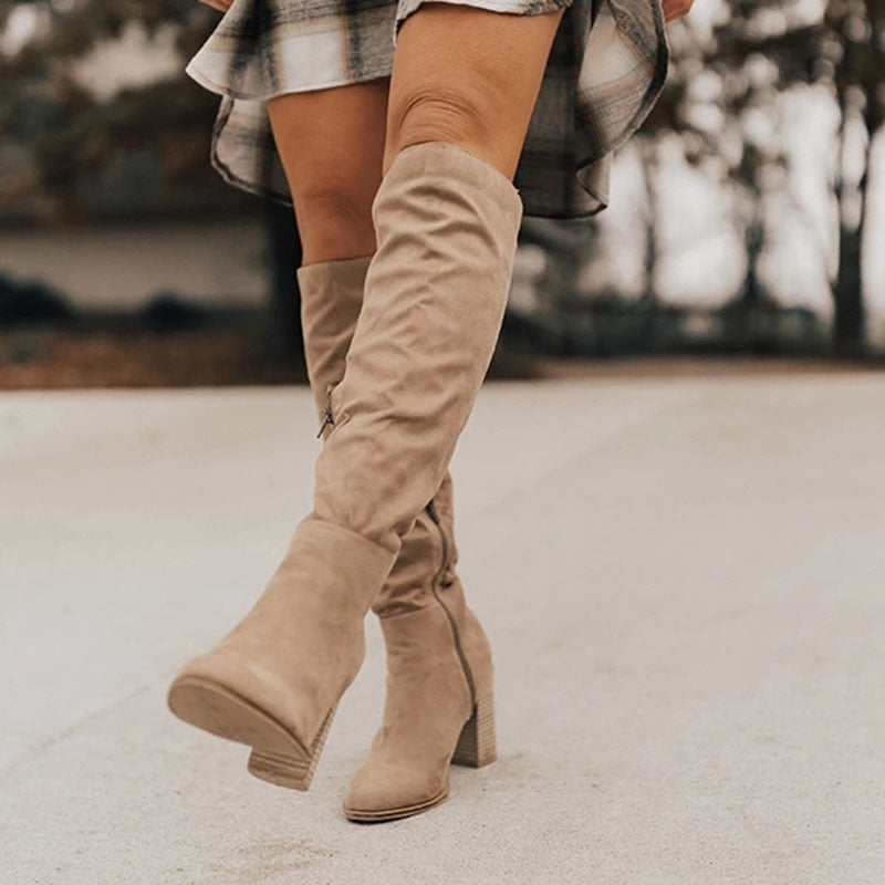 Zuri Bottes Hautes Suédées Femme – Cuissardes Élégantes à Talon Bloc & Doublure Confort