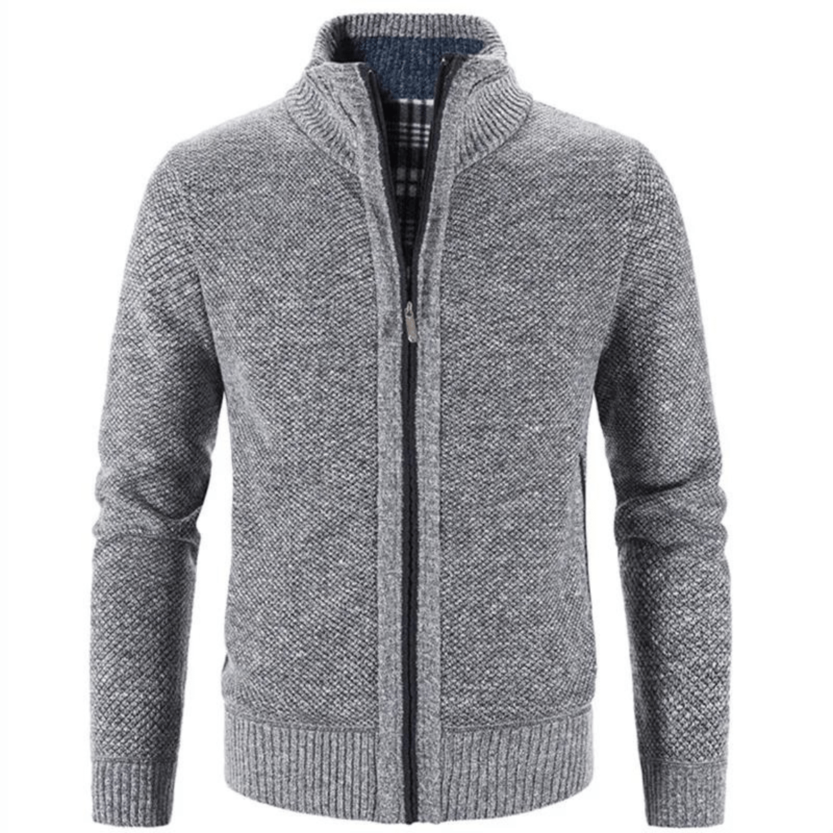 Hayden men's high collar cardigan in warm knit-light gray