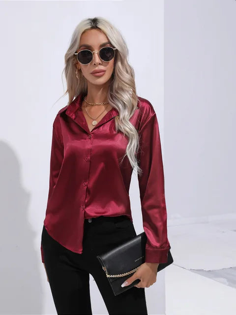 Valérie Satin Blouse for Women – Elegant Long Sleeve Shirt, Loose Fit and Shiny