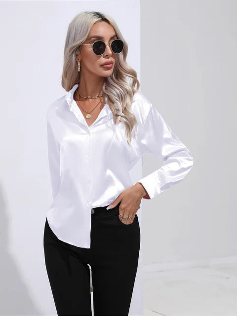 Valérie Satin Blouse for Women – Elegant Long Sleeve Shirt, Loose Fit and Shiny