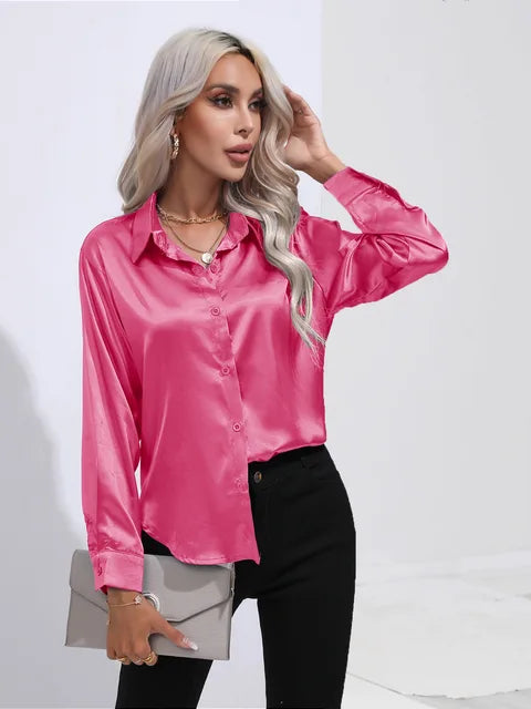 Valérie Satin Blouse for Women – Elegant Long Sleeve Shirt, Loose Fit and Shiny