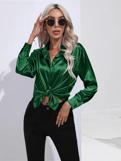 Valérie Satin Blouse for Women – Elegant Long Sleeve Shirt, Loose Fit and Shiny