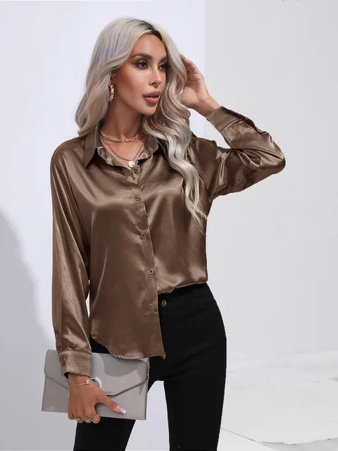 Valérie Satin Blouse for Women – Elegant Long Sleeve Shirt, Loose Fit and Shiny
