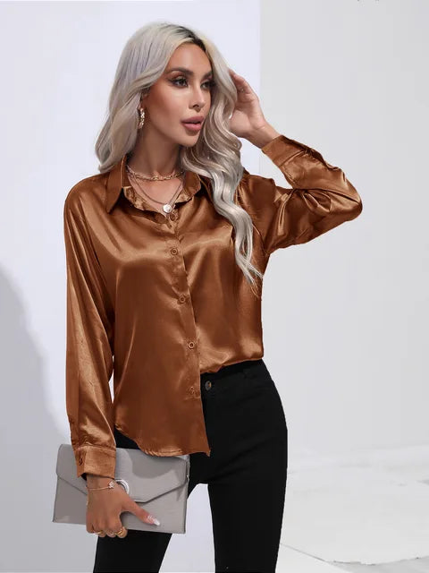 Valérie Satin Blouse for Women – Elegant Long Sleeve Shirt, Loose Fit and Shiny