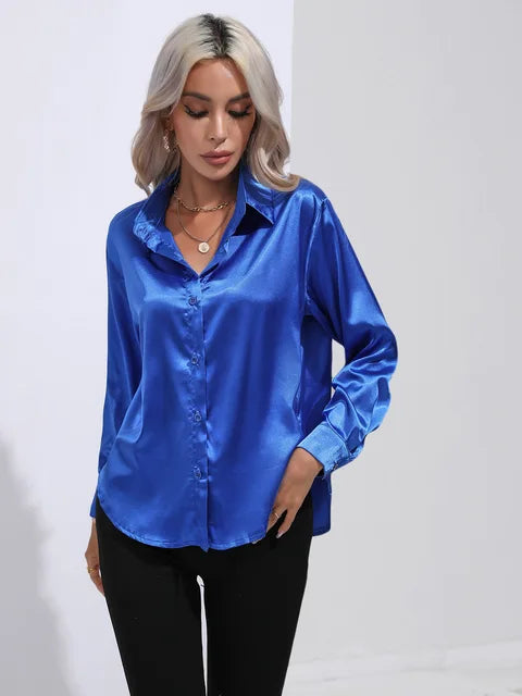 Valérie Satin Blouse for Women – Elegant Long Sleeve Shirt, Loose Fit and Shiny